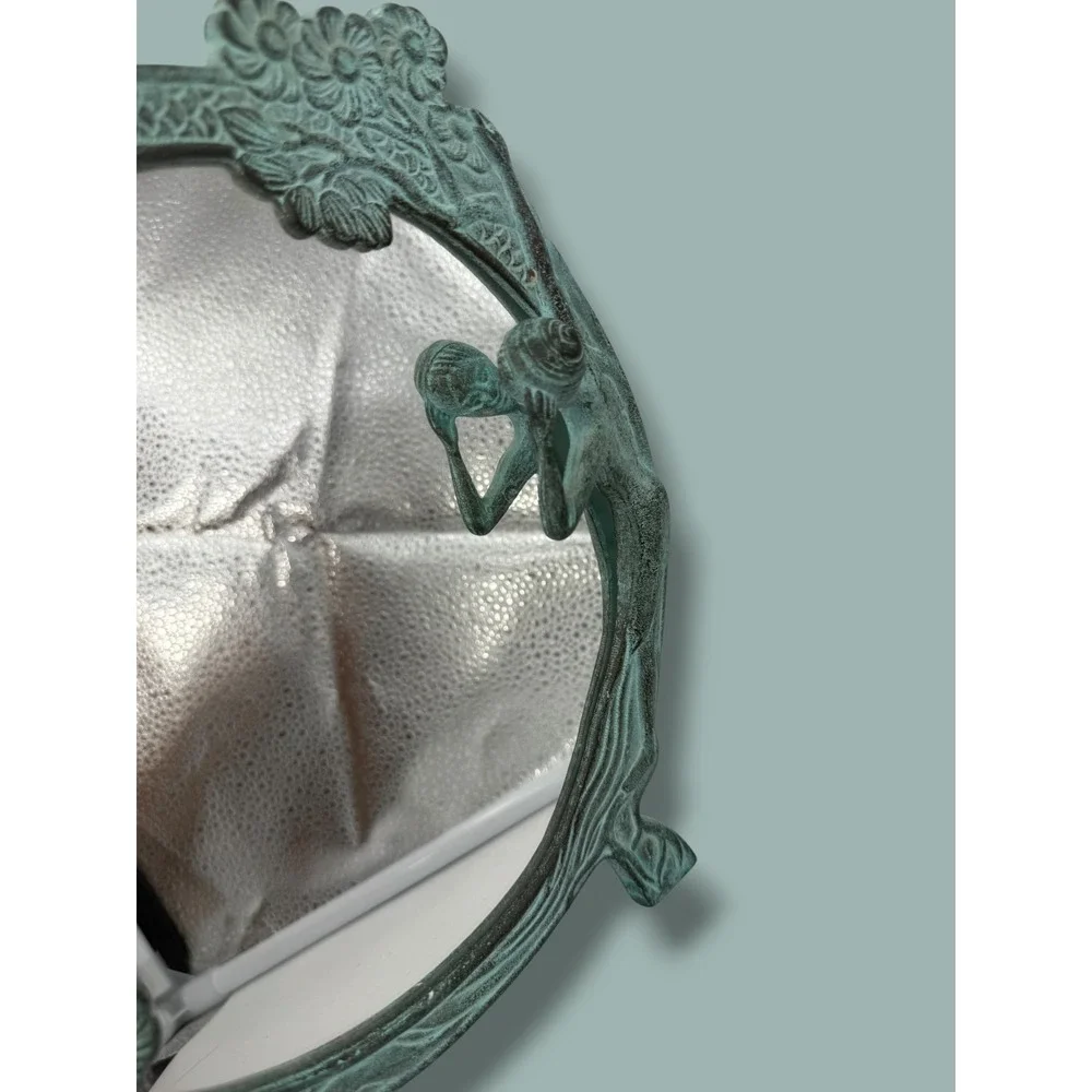 Vintage Art Nouveau Lady Tabletop Mirror Verdigris Metal Fairycore Mermaidcore